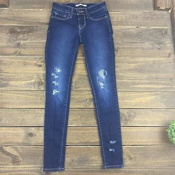 Levi's 711 Skinny Distressed Blue Jeans Women's Size 24 Dark Wash Low Rise - Picture 5 of 8